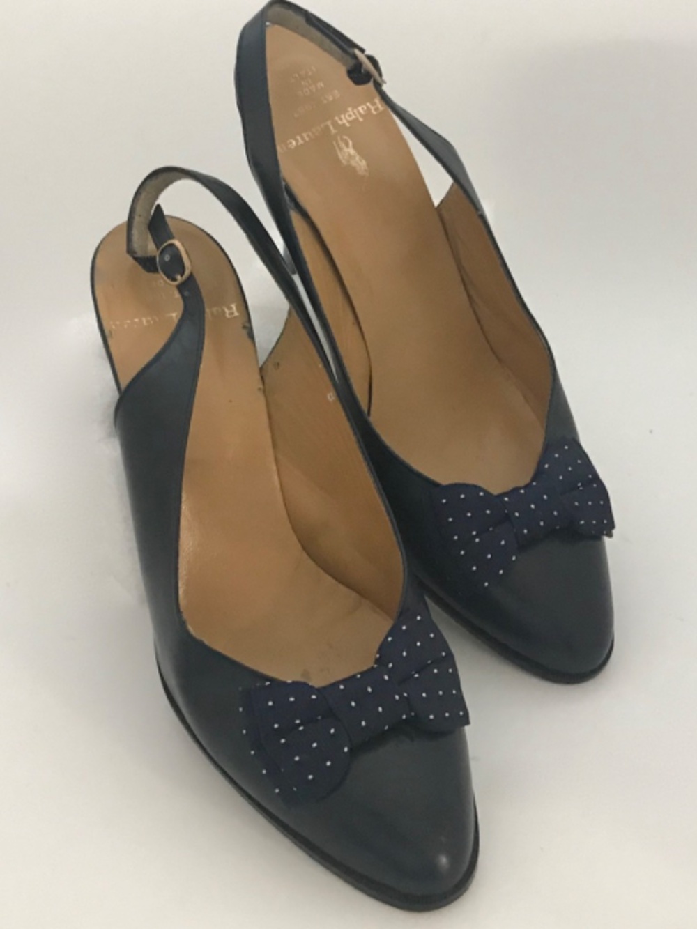 Vintage Ralph Lauren  navy blue high heel pumps  with poka dot bows